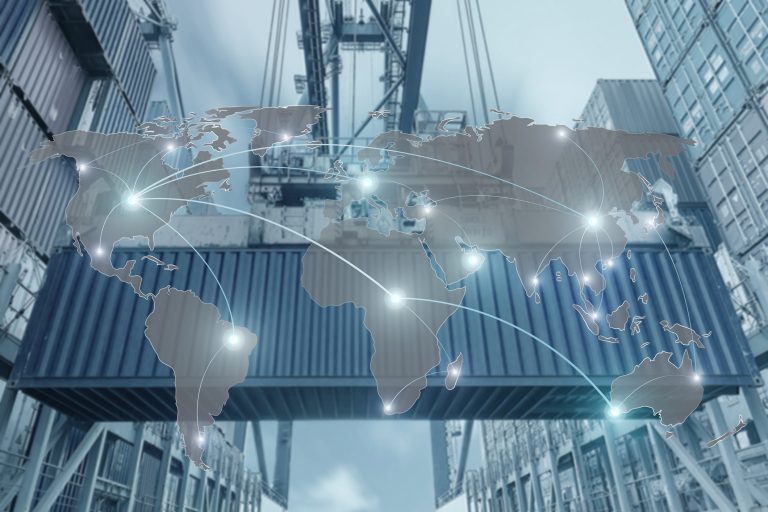 Mapa múndi com um contêiner de exportação ao fundo