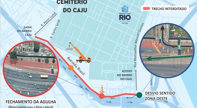 Interdição temporária na Avenida Brasil para içar equipamentos no Cemitério do Caju