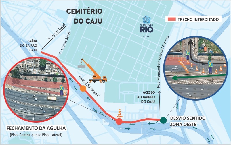 Interdição temporária na Avenida Brasil para içar equipamentos no Cemitério do Caju